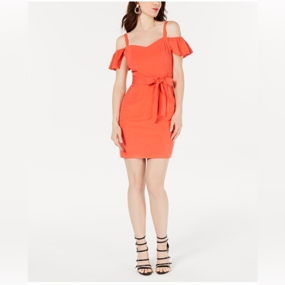 GUESS-COLD Shoulder Bright Orange Mini Dress (Size:Small)